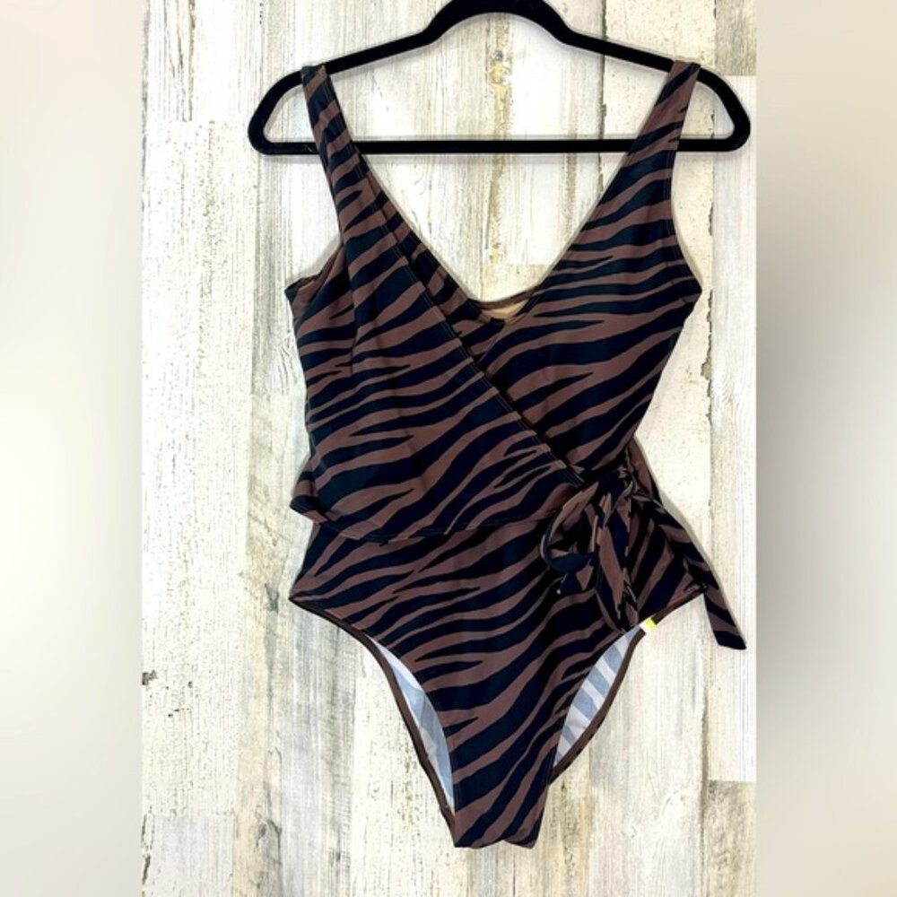 Summersalt One Piece Animal Zebra Brown Black Wrap Waist Sexy Swimsuit Size 8